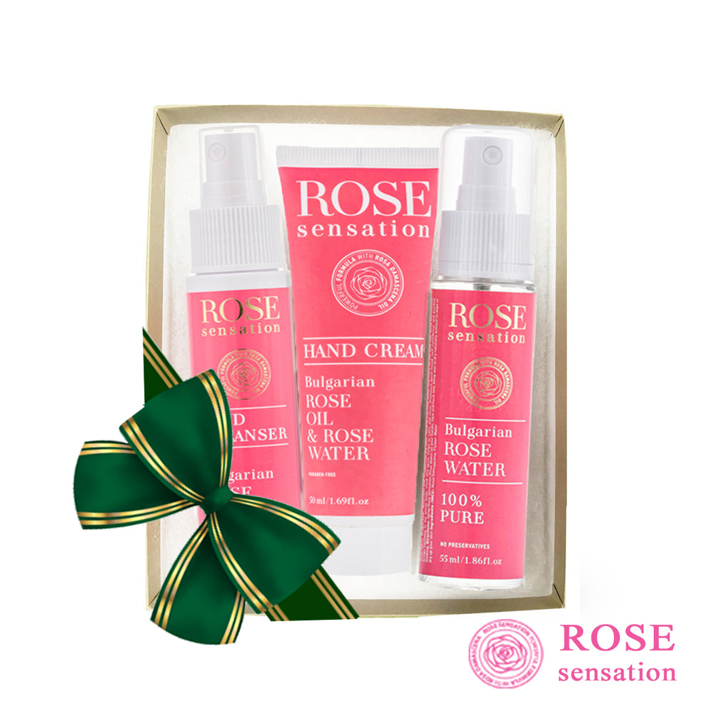 Gift bag for travel with sanitizer, rose water spray, hand cream – RoseSensation